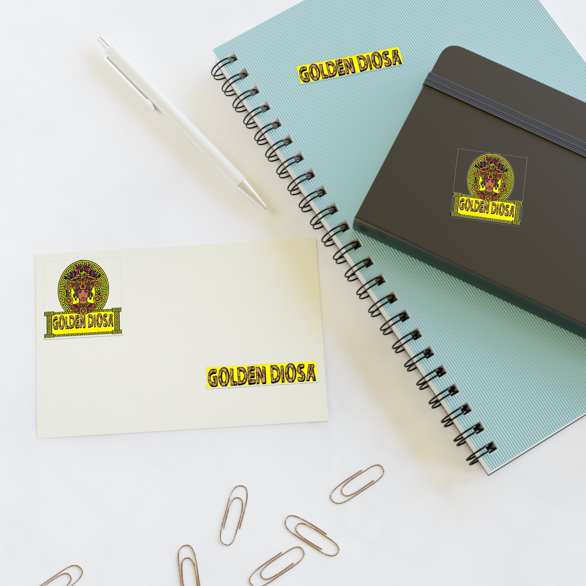 Golden Diosa Sticker Sheet — Decorative Goddess Decals (2 Round + 2 Text Stickers)