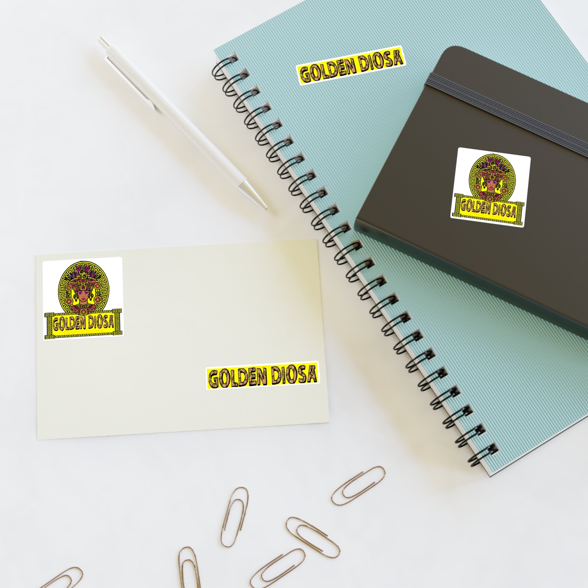 Golden Diosa Sticker Sheet — Decorative Goddess Decals (2 Round + 2 Text Stickers)